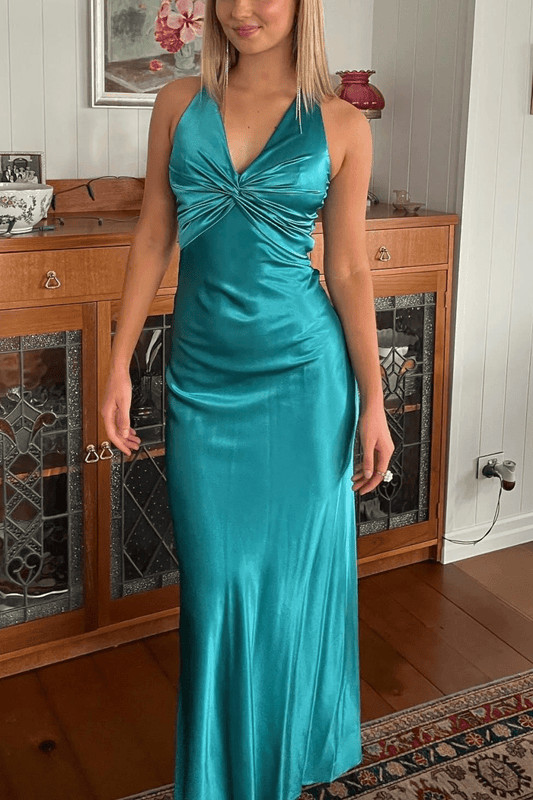 Steph | Turquoise - Halter V-Neck Pleated Satin Sleeveless Long Prom Party Dress