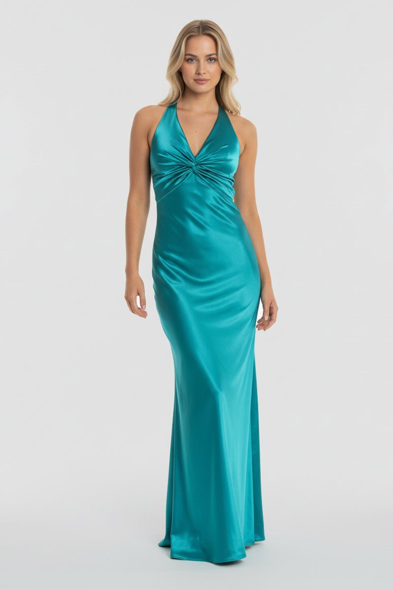 Steph | Turquoise - Halter V-Neck Pleated Satin Sleeveless Long Prom Party Dress