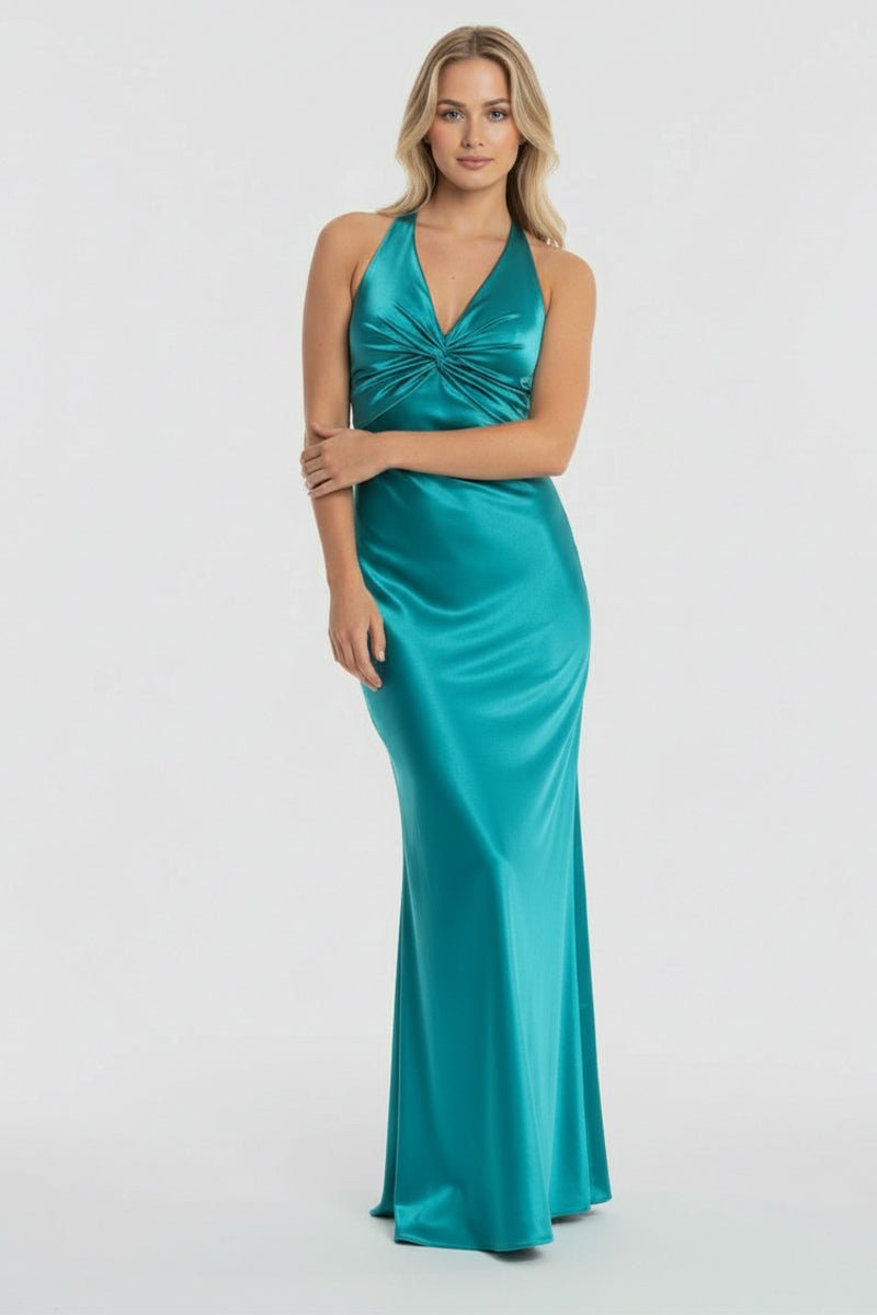 Steph | Turquoise - Halter V-Neck Pleated Satin Sleeveless Long Prom Party Dress