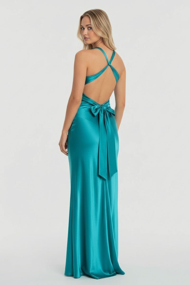 Steph | Turquoise - Halter V-Neck Pleated Satin Sleeveless Long Prom Party Dress