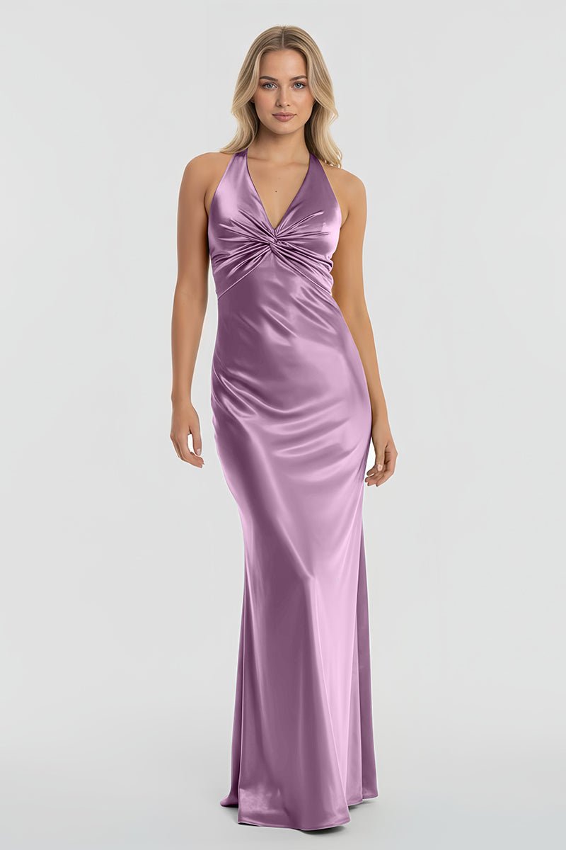 Steph | Turquoise - Halter V-Neck Pleated Satin Sleeveless Long Prom Party Dress