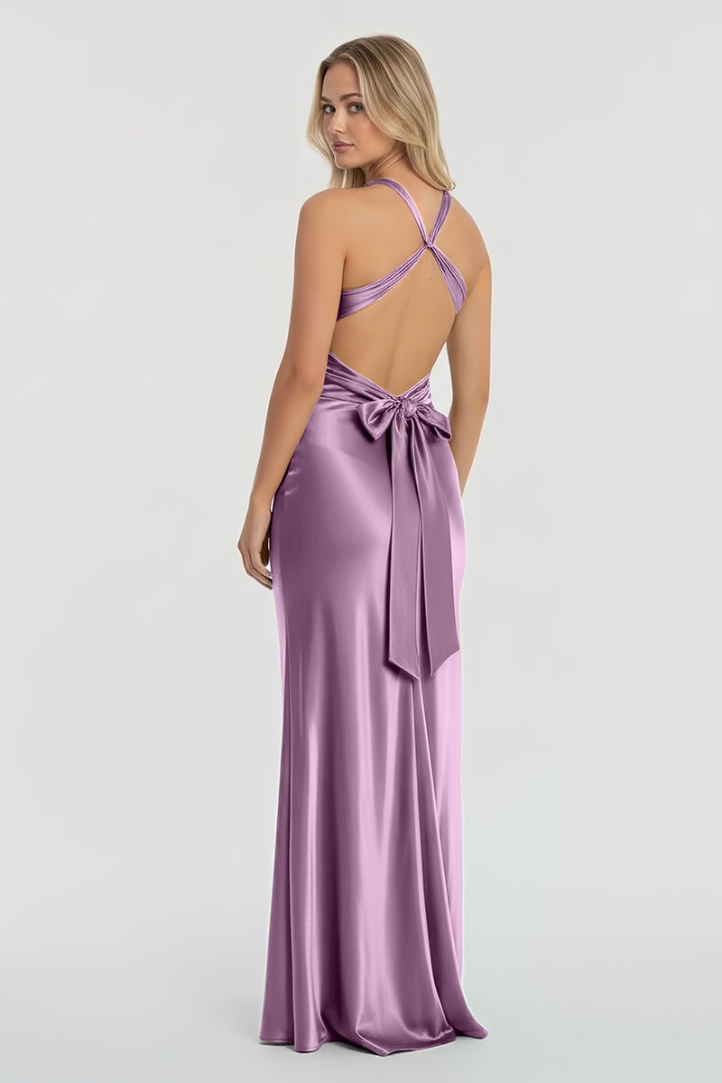 Steph | Turquoise - Halter V-Neck Pleated Satin Sleeveless Long Prom Party Dress