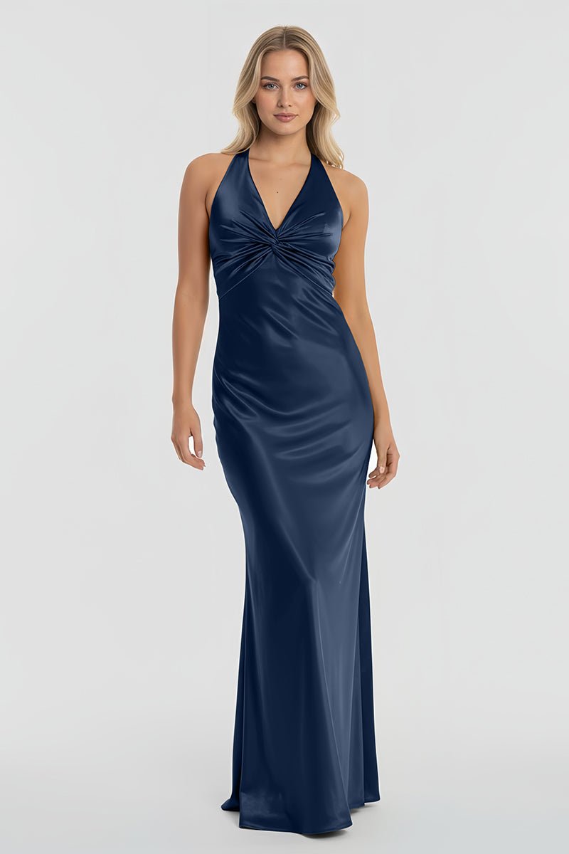 Steph | Turquoise - Halter V-Neck Pleated Satin Sleeveless Long Prom Party Dress
