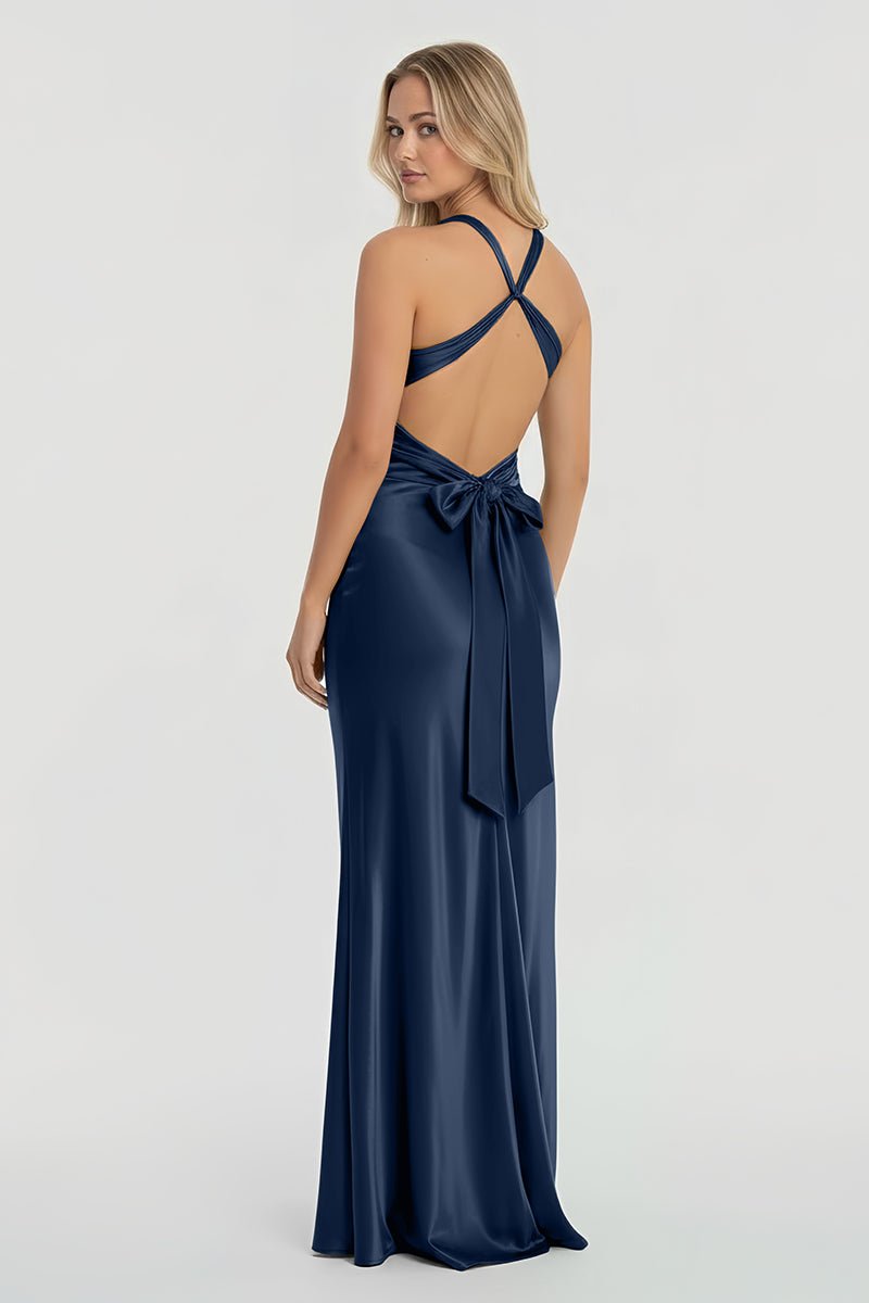 Steph | Turquoise - Halter V-Neck Pleated Satin Sleeveless Long Prom Party Dress