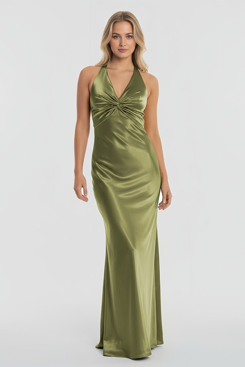 Steph | Turquoise - Halter V-Neck Pleated Satin Sleeveless Long Prom Party Dress