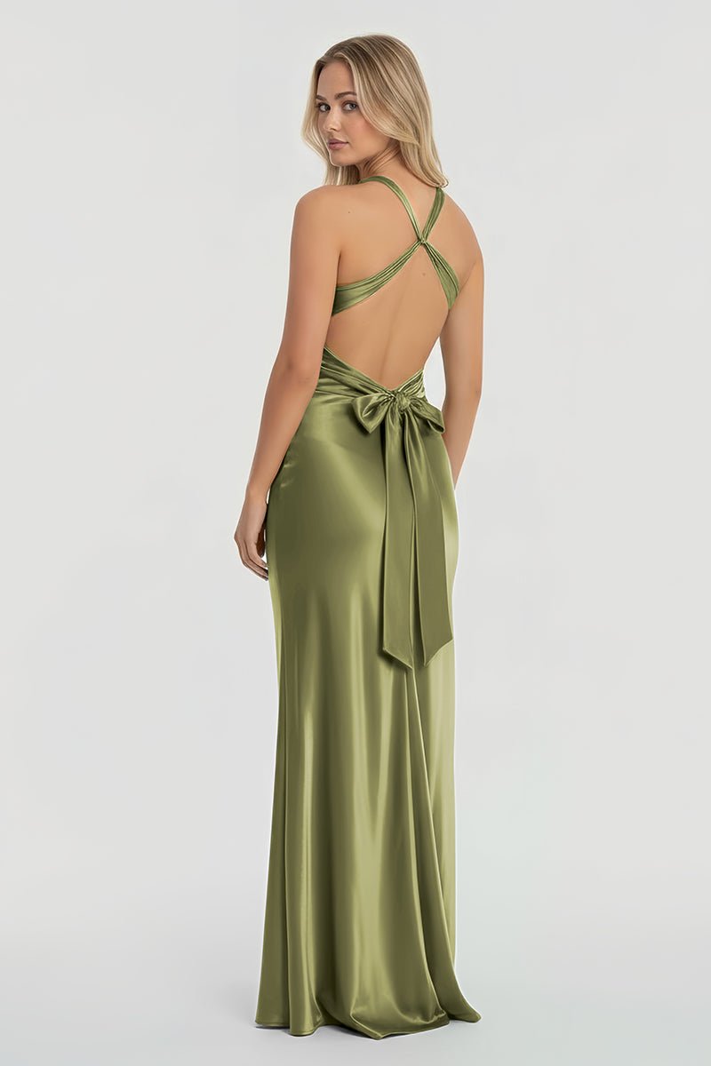 Steph | Turquoise - Halter V-Neck Pleated Satin Sleeveless Long Prom Party Dress