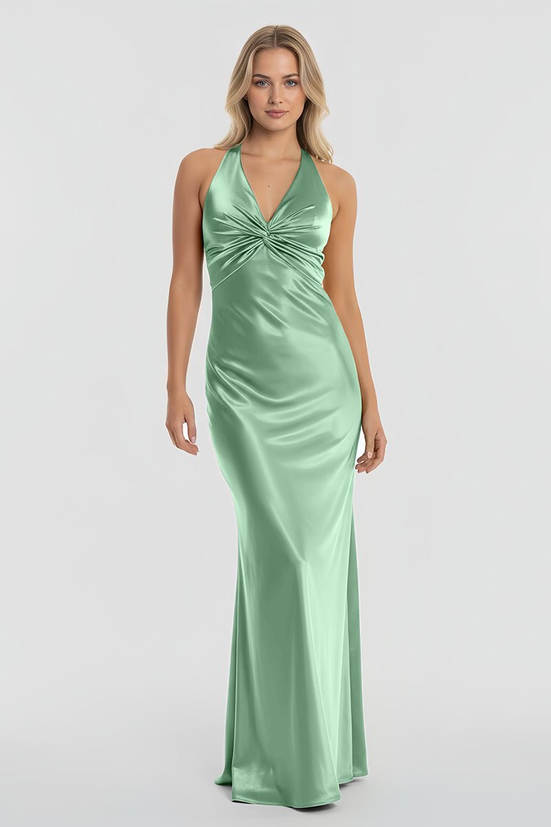 Steph | Turquoise - Halter V-Neck Pleated Satin Sleeveless Long Prom Party Dress