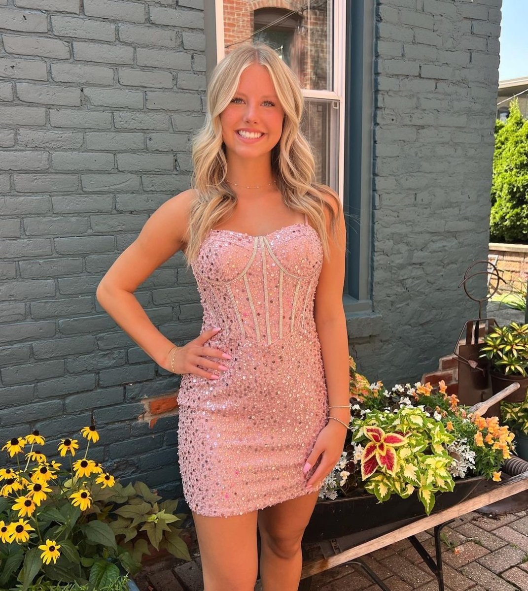 Amara | Hot Pink Sheath Sweetheart Neck Sequins Mini Party Dresses