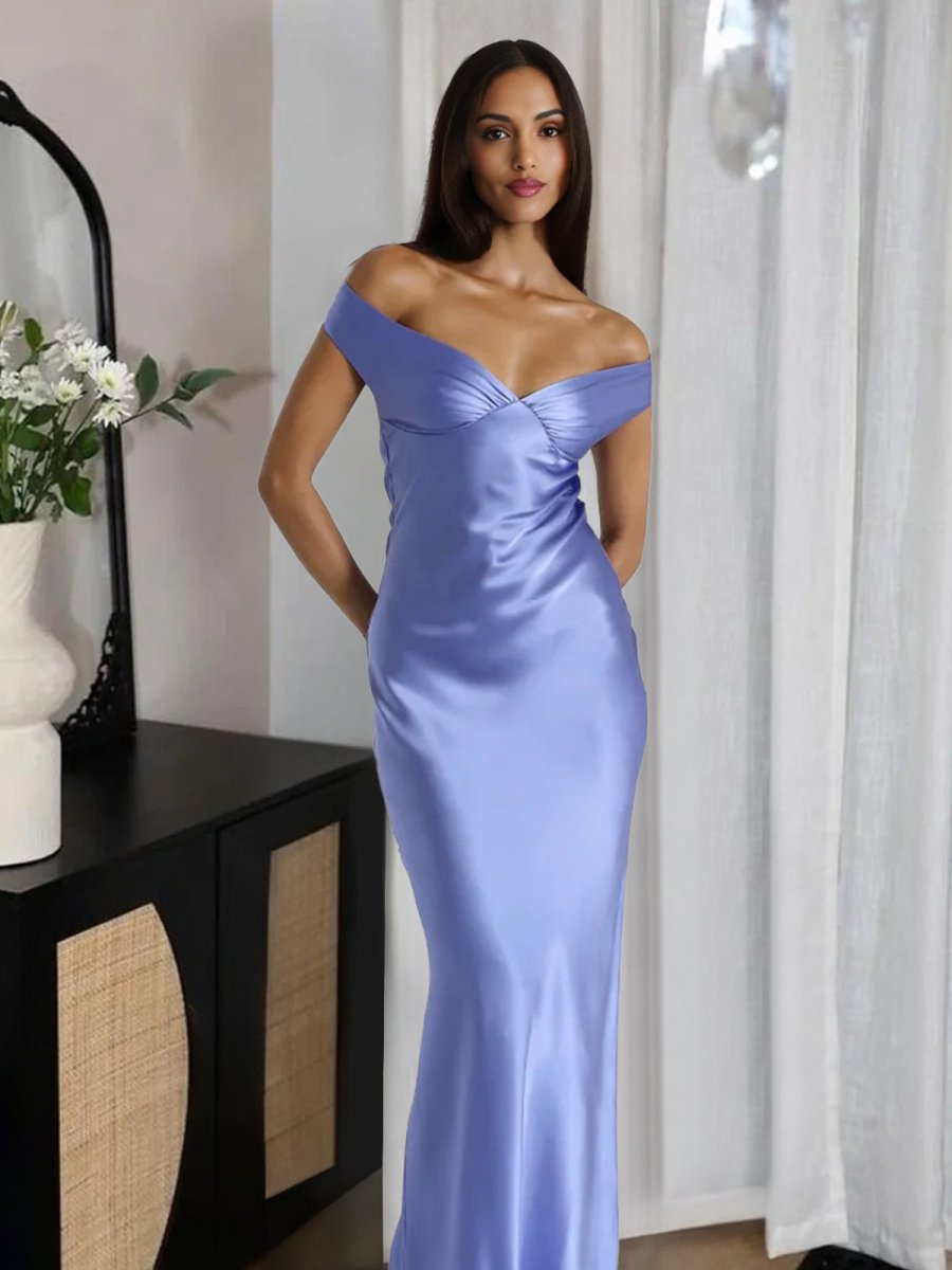 Talulla | Aqua Off The Shoulder Sheath Satin Long Prom Dress
