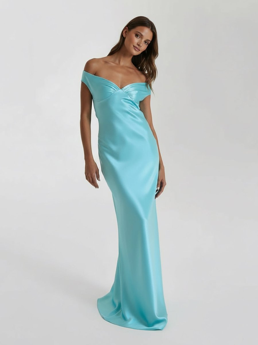 Talulla | Aqua Off The Shoulder Sheath Satin Long Prom Dress