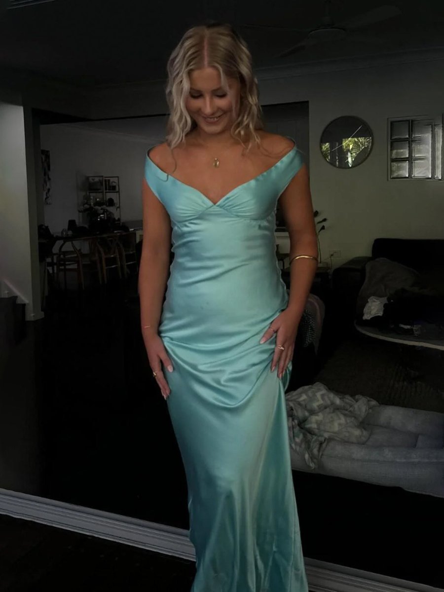 Talulla | Aqua Off The Shoulder Sheath Satin Long Prom Dress