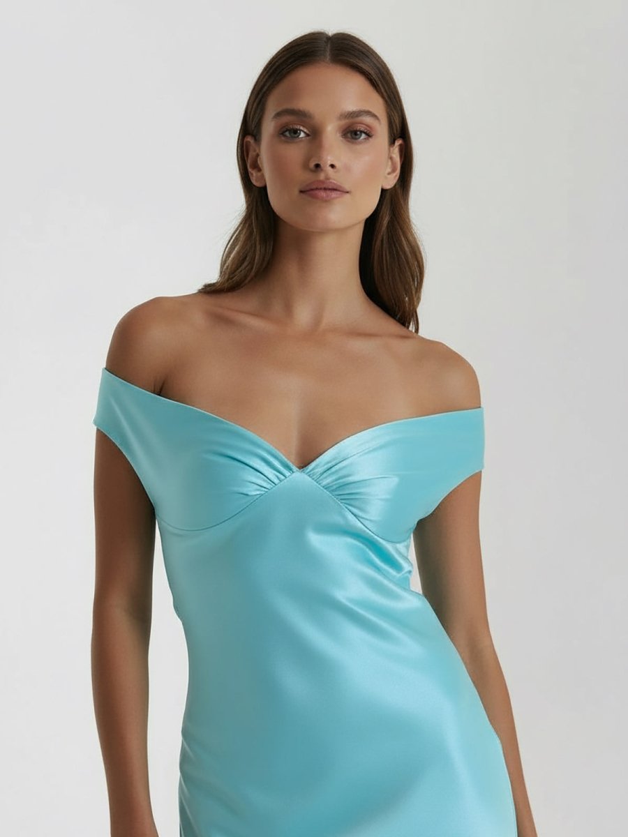 Talulla | Aqua Off The Shoulder Sheath Satin Long Prom Dress