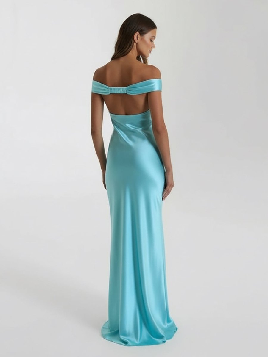 Talulla | Aqua Off The Shoulder Sheath Satin Long Prom Dress