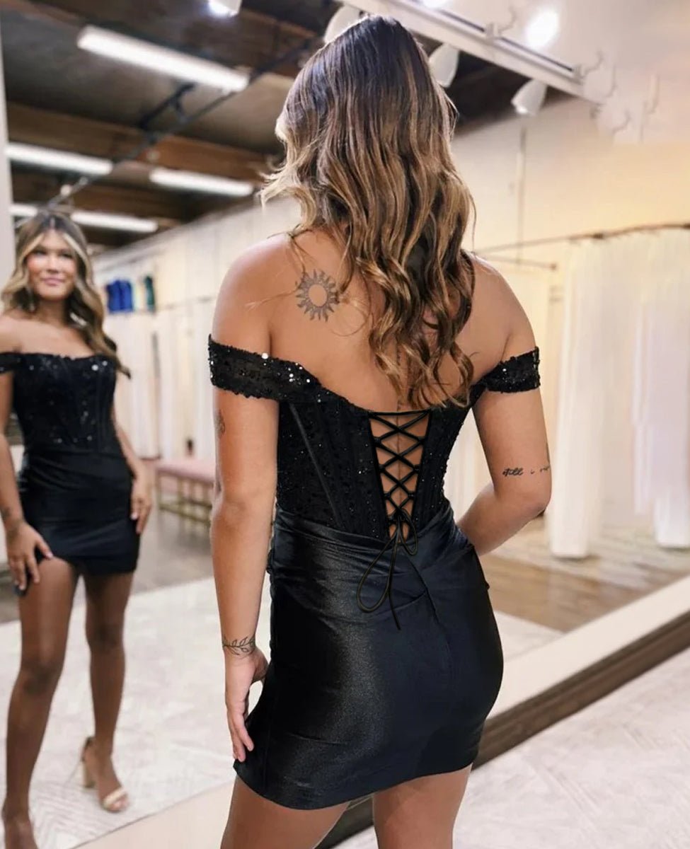 Theodora |Sparkly Off the Shoulder Sequins Royal Blue Corset Homecoming Dress