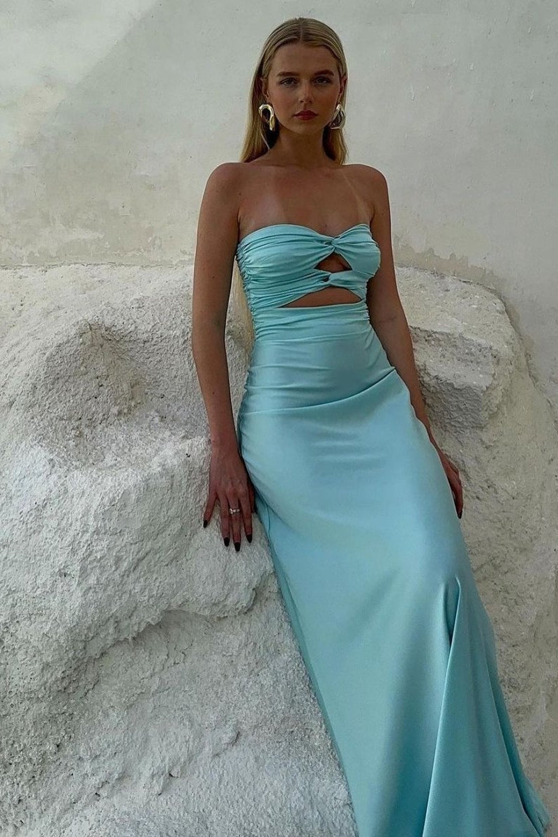 Tinble | Strapless Aqua Blue Sheath Long Prom Dresses