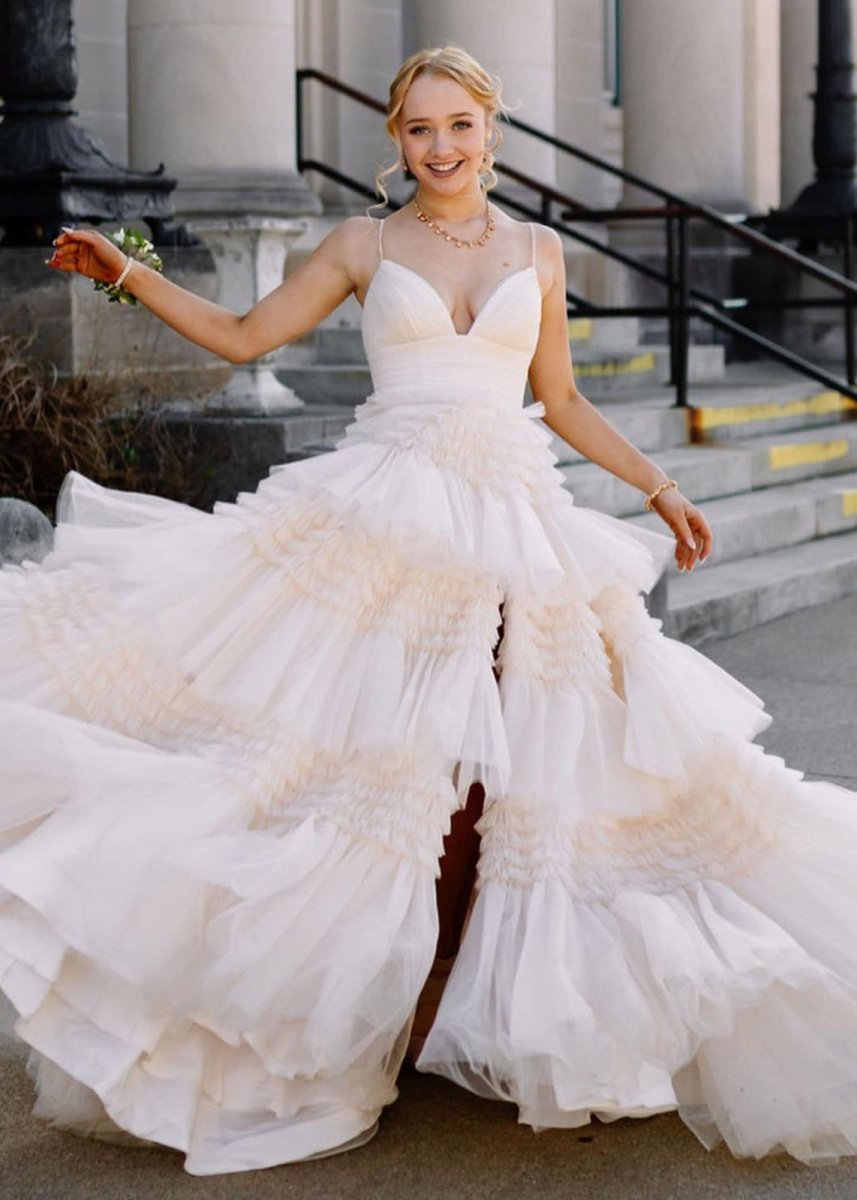 Amanda| A-Line Spaghetti Straps Long Tiered Tulle Prom Dress With Split