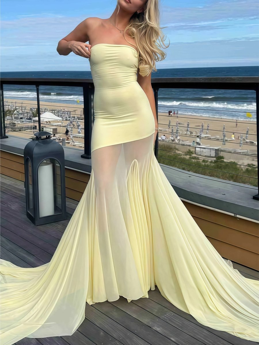 Valeska | Yellow Strapless Chiffon Mermaid Long Prom Dresses
