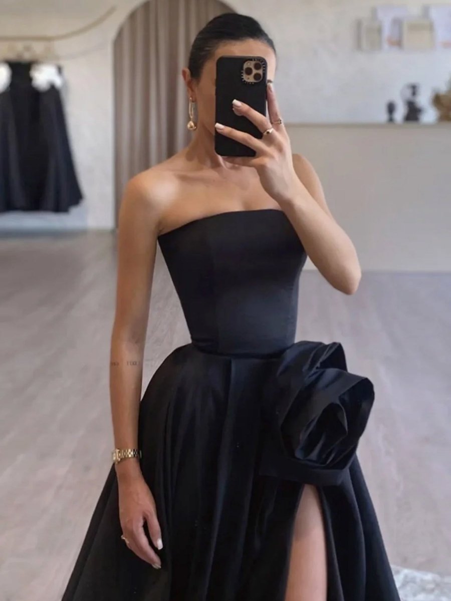 Vanora | Black Strapless Satin Long Prom Dress With High Split