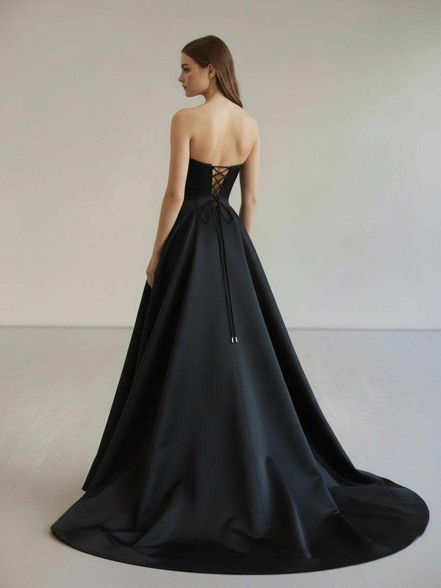 Vanora | Black Strapless Satin Long Prom Dress With High Split