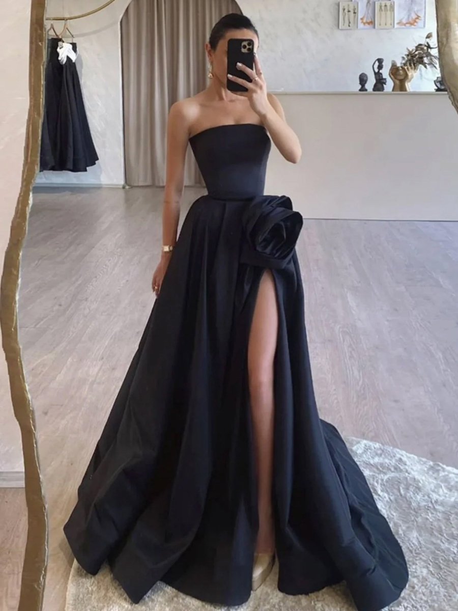 Vanora | Black Strapless Satin Long Prom Dress With High Split