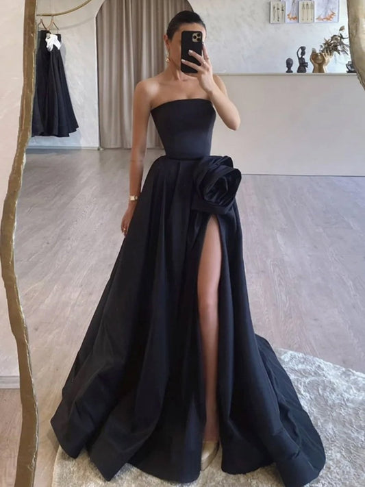 Vanora | Black Strapless Satin Long Prom Dress With High Split