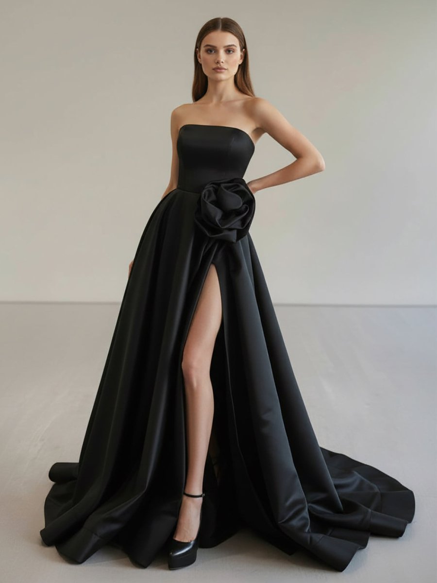 Vanora | Black Strapless Satin Long Prom Dress With High Split