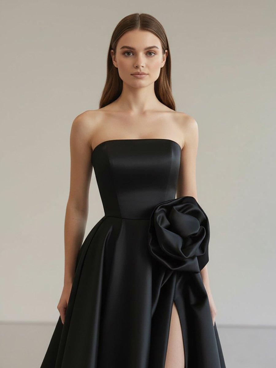Vanora | Black Strapless Satin Long Prom Dress With High Split
