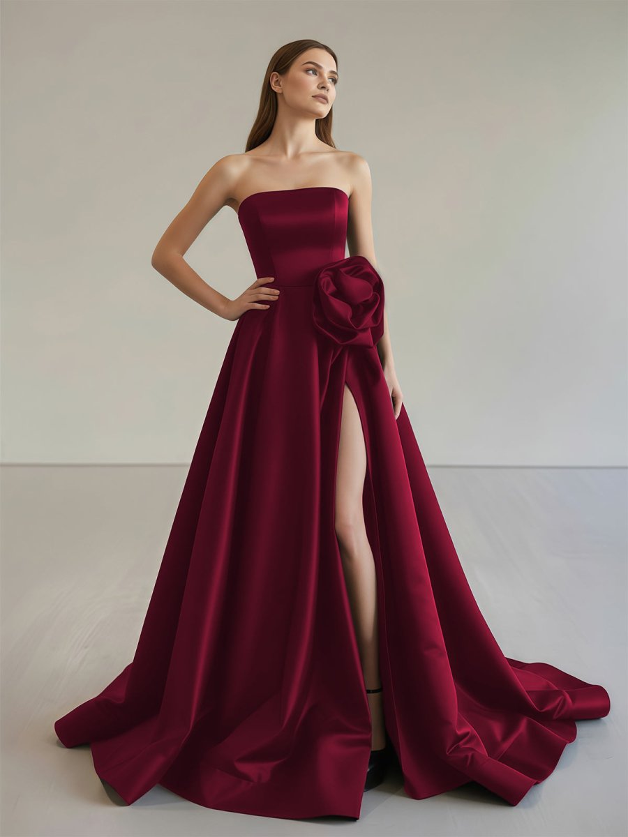 Vanora | Black Strapless Satin Long Prom Dress With High Split