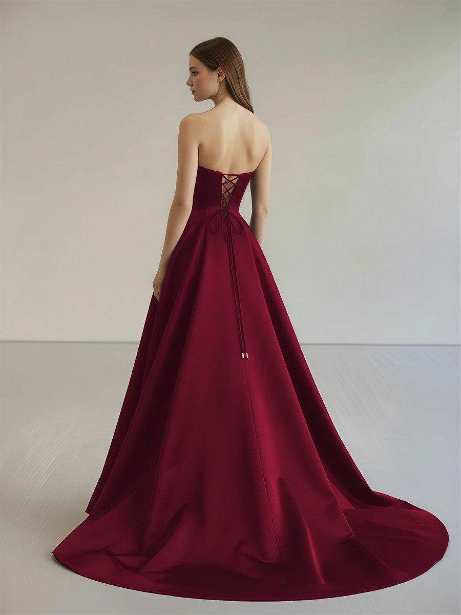 Vanora | Black Strapless Satin Long Prom Dress With High Split