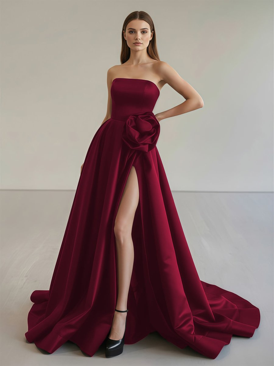Vanora | Black Strapless Satin Long Prom Dress With High Split