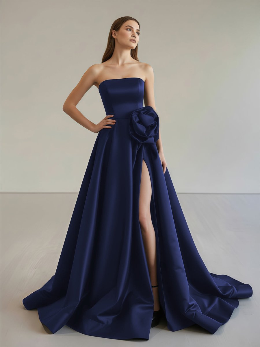 Vanora | Black Strapless Satin Long Prom Dress With High Split