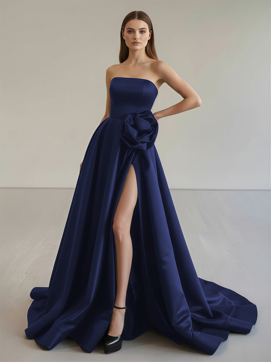 Vanora | Black Strapless Satin Long Prom Dress With High Split