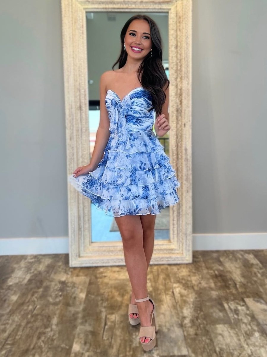 Veloria | Blue - A-line Strapless Floral Printed Chiffon Ruffles Short Homecoming Dresses