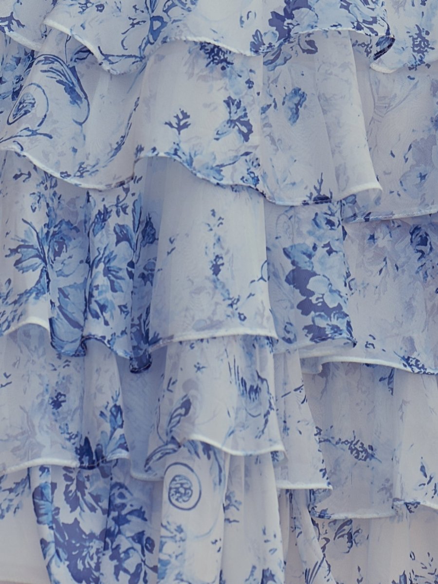 Veloria | Blue - A-line Strapless Floral Printed Chiffon Ruffles Short Homecoming Dresses