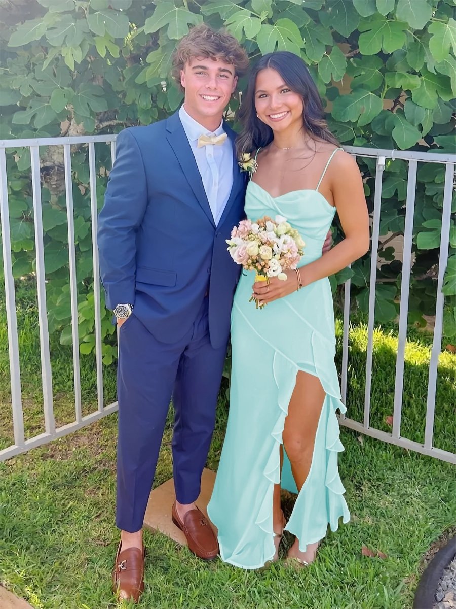 Venicia | V-Neck Yellow Chiffon Ruffles Long Prom Dresses with Slit