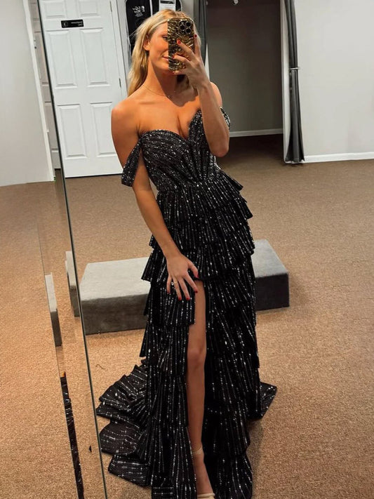 Verve | A Line V Neck Satin Tiered Long Prom Dresses With Beads