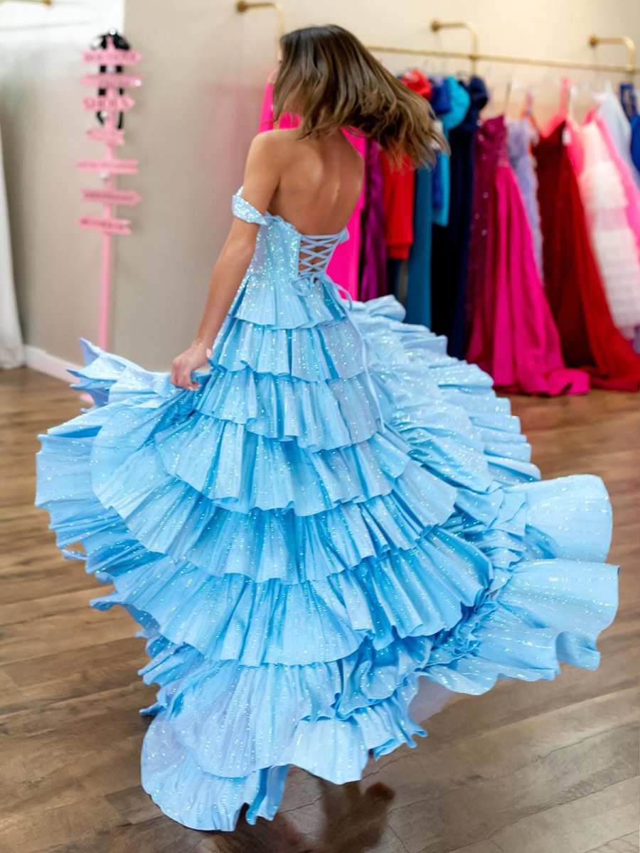 Verve | A Line V Neck Satin Tiered Long Prom Dresses With Beads