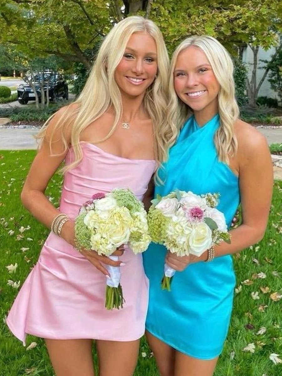 Yavanna | Pink - Strapless Sheath Irregular Hem Satin Short Homecoming & Cocktail Dress