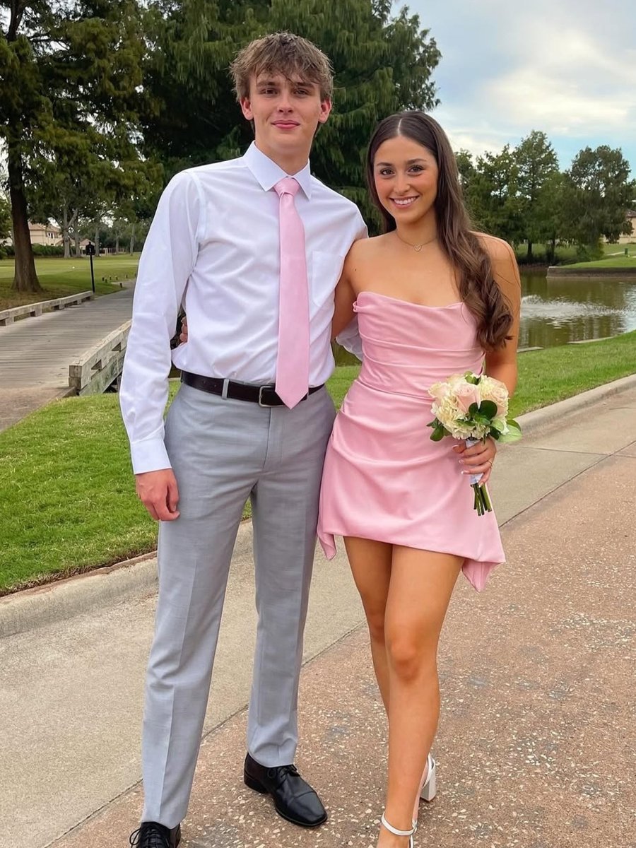 Yavanna | Pink - Strapless Sheath Irregular Hem Satin Short Homecoming & Cocktail Dress