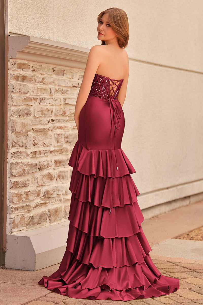 Yvonne | Charming Mermaid Strapless Pink Satin Long Prom Dresses with Appliques