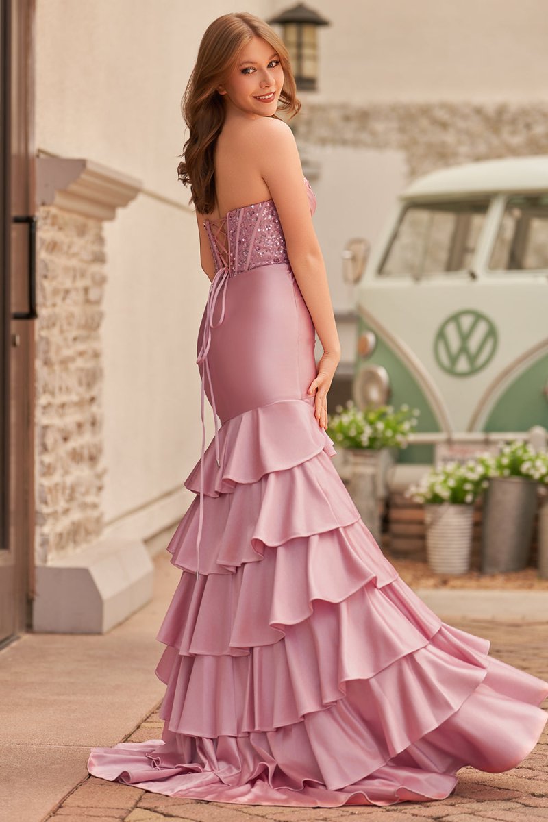 Yvonne | Charming Mermaid Strapless Pink Satin Long Prom Dresses with Appliques
