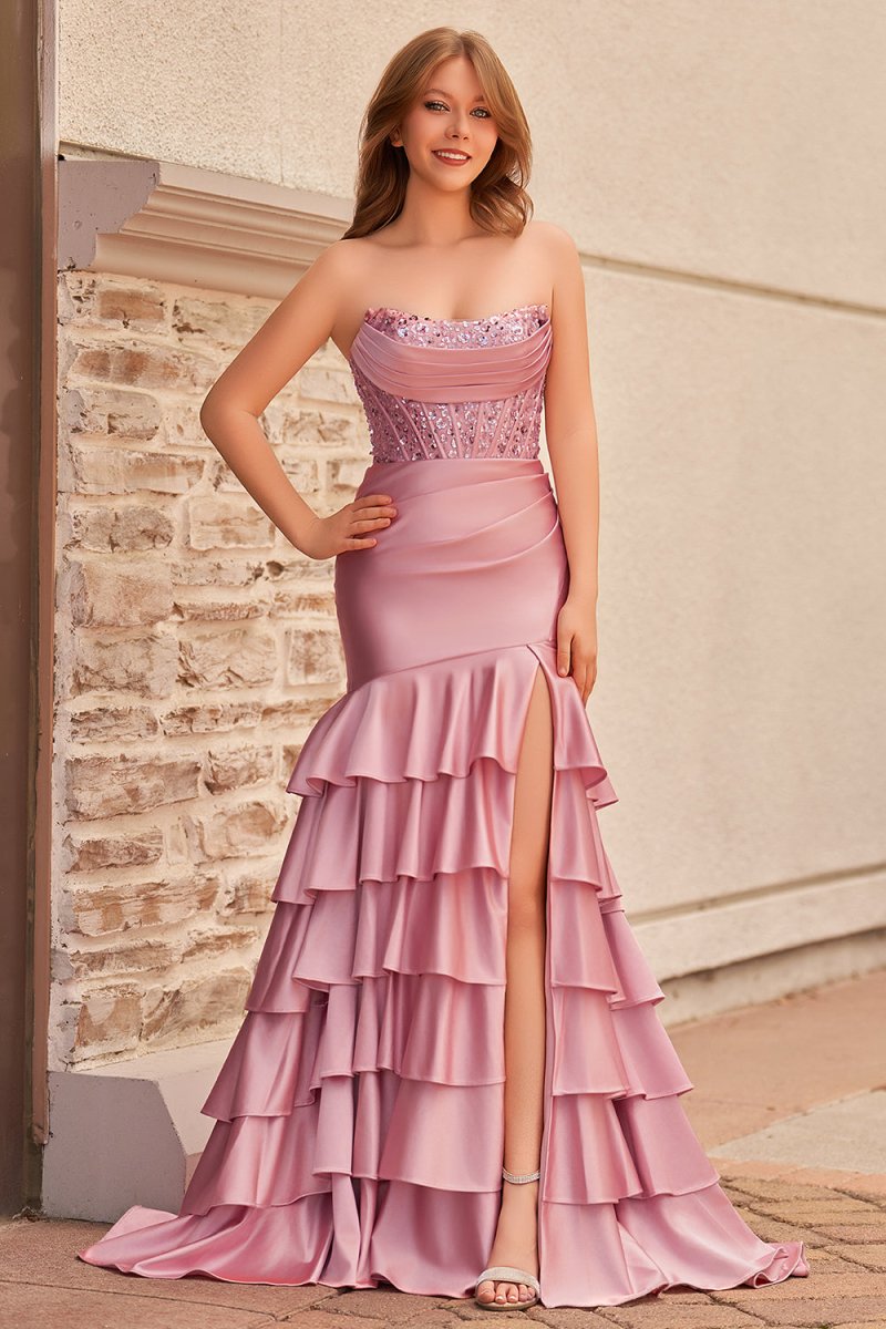 Yvonne | Charming Mermaid Strapless Pink Satin Long Prom Dresses with Appliques