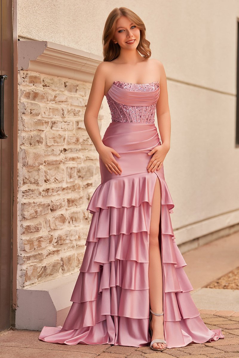 Yvonne | Charming Mermaid Strapless Pink Satin Long Prom Dresses with Appliques