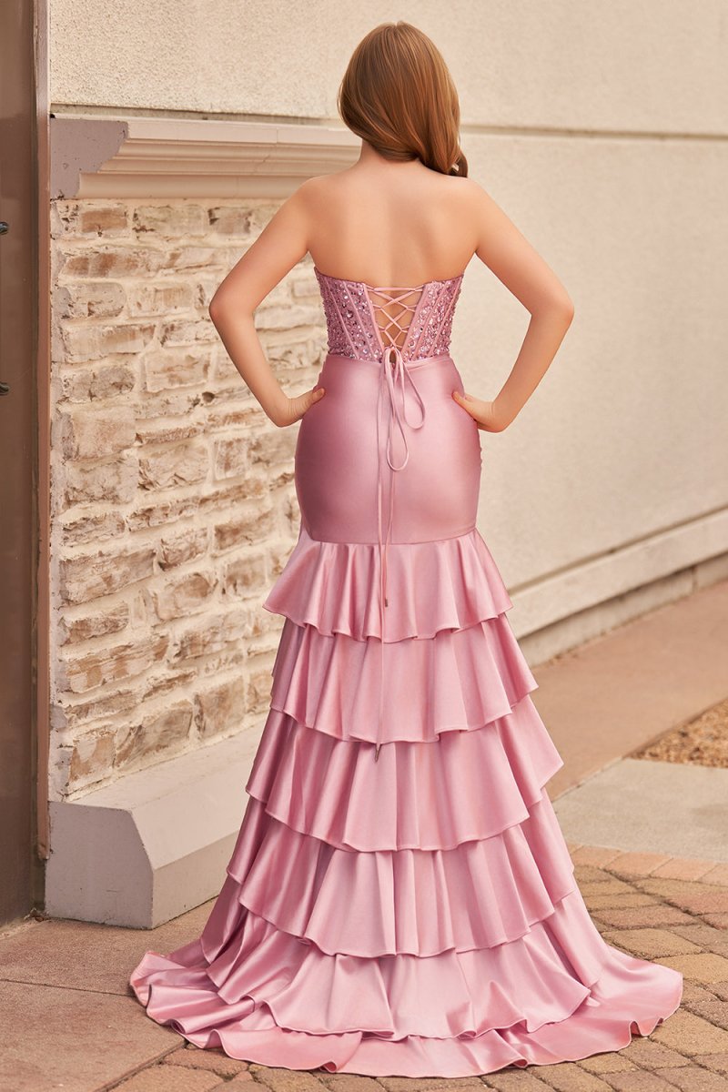 Yvonne | Charming Mermaid Strapless Pink Satin Long Prom Dresses with Appliques