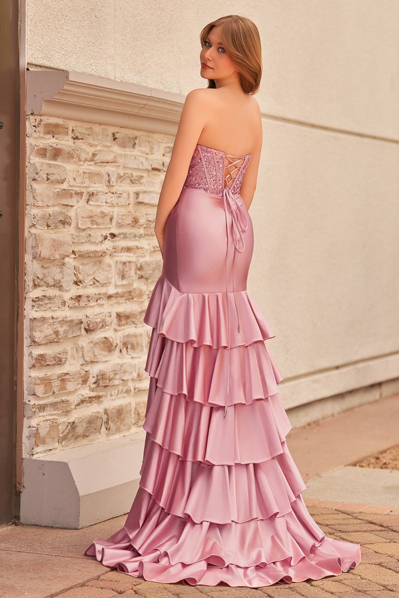 Yvonne | Charming Mermaid Strapless Pink Satin Long Prom Dresses with Appliques