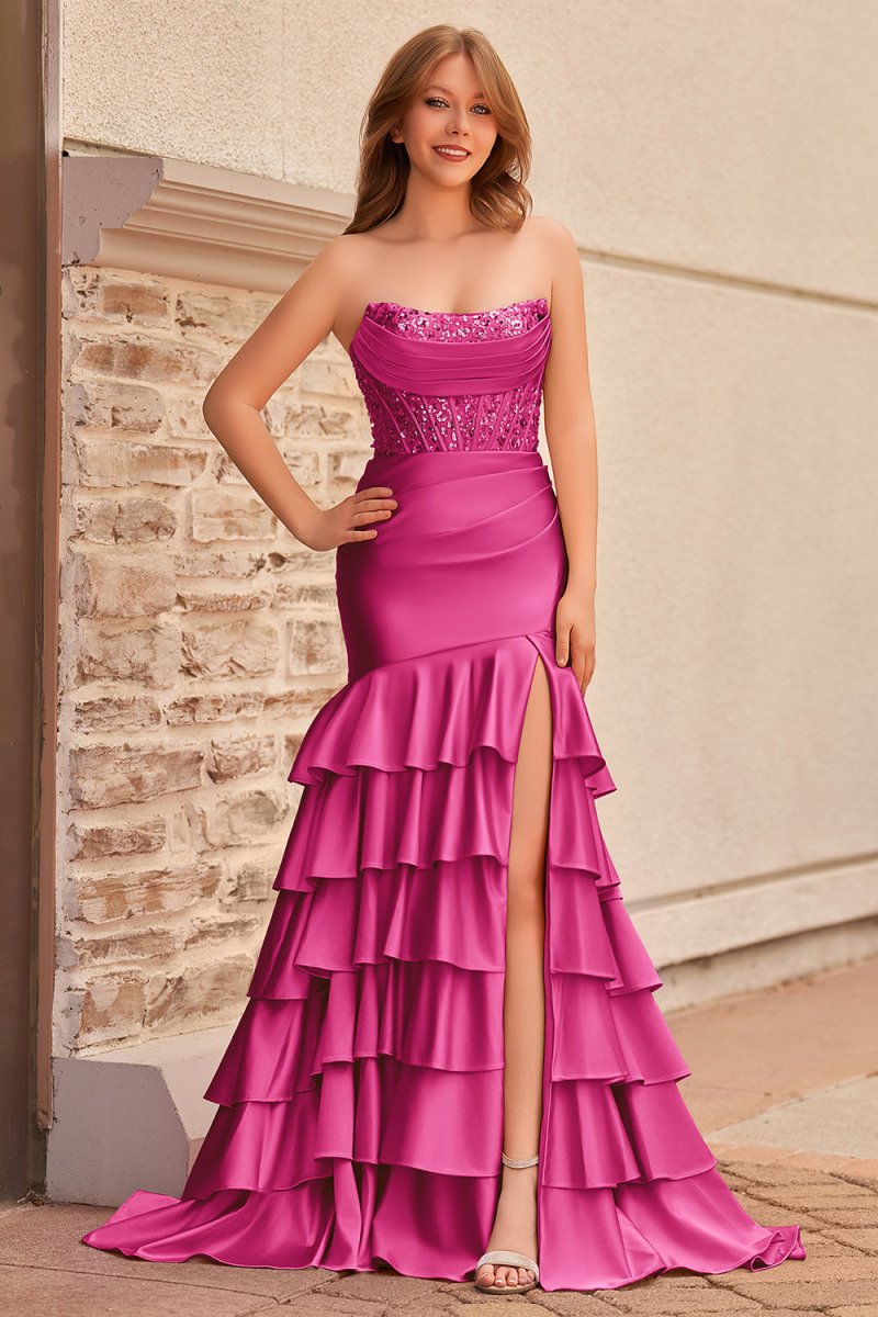 Yvonne | Charming Mermaid Strapless Pink Satin Long Prom Dresses with Appliques