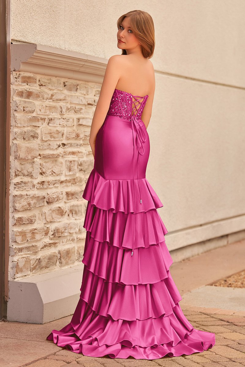 Yvonne | Charming Mermaid Strapless Pink Satin Long Prom Dresses with Appliques