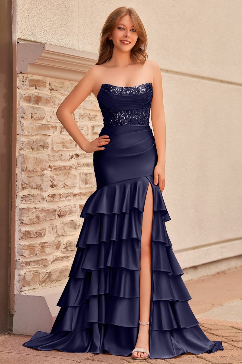 Yvonne | Charming Mermaid Strapless Pink Satin Long Prom Dresses with Appliques