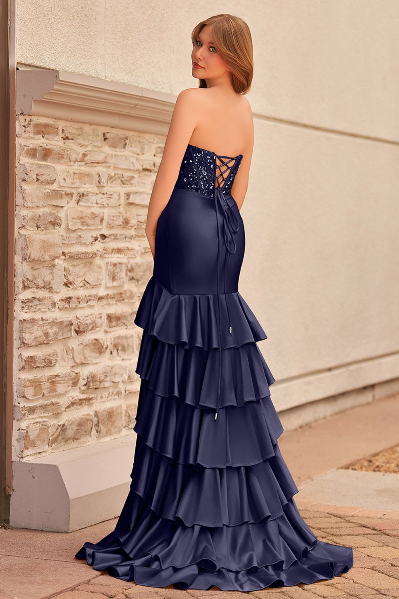 Yvonne | Charming Mermaid Strapless Pink Satin Long Prom Dresses with Appliques