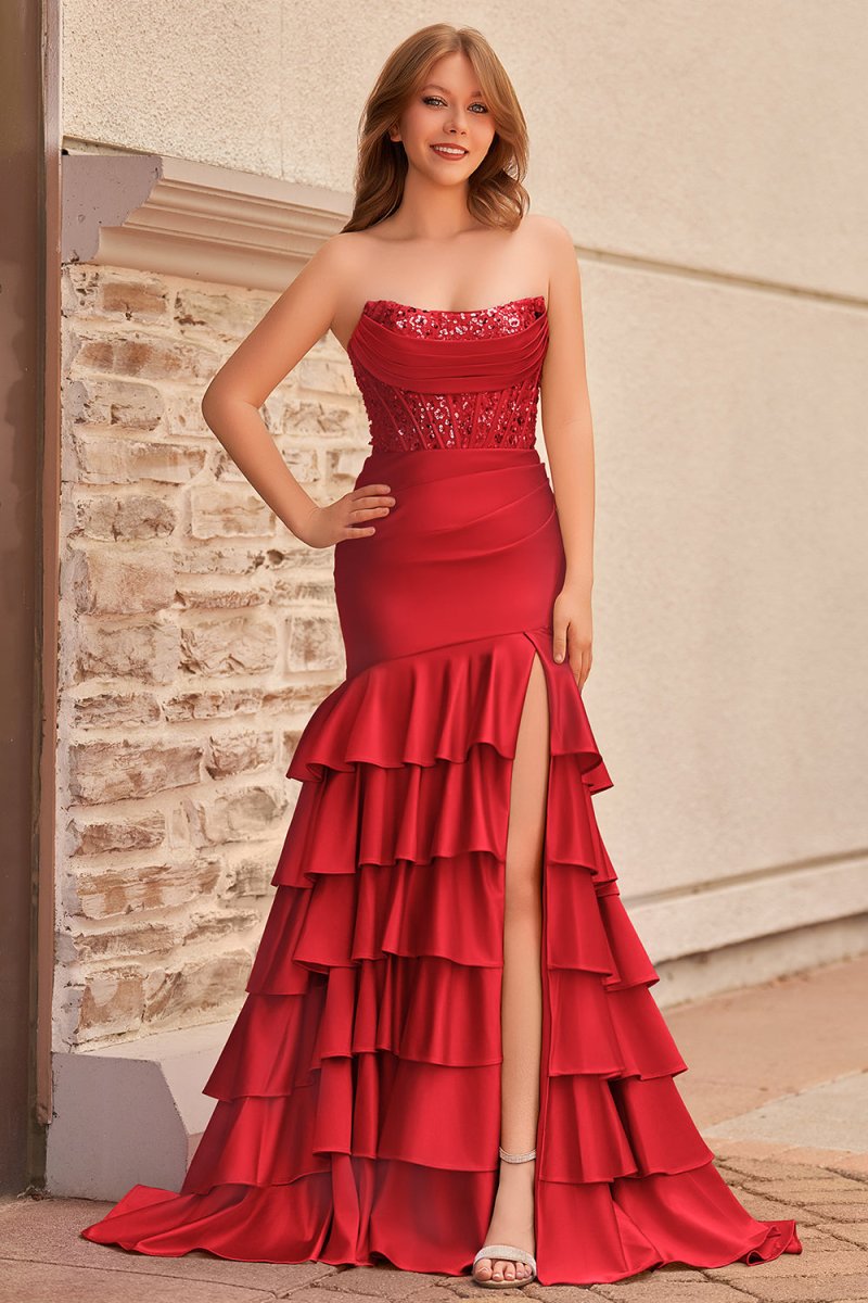 Yvonne | Charming Mermaid Strapless Pink Satin Long Prom Dresses with Appliques